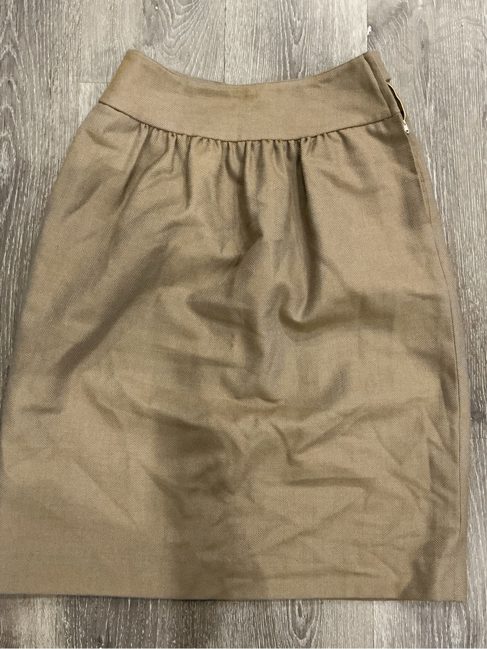 Giorgio Armani Tan Pencil Skirt with Gathered Waist, side zip button closure